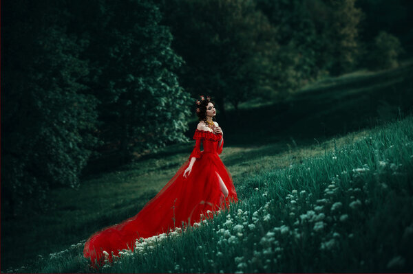 Countess in a long red dress is walking in a green forest full of branches, elf, Princess in vintage dress, the queen of the forest,fashionable toning creative computer colors
