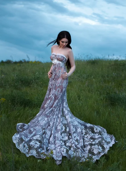 Красива леді в мереживному прозорому платті — стокове фото