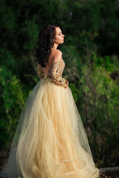 Красивая девушка в роскошном платье прогулки в осеннем парке — стоковое фото
