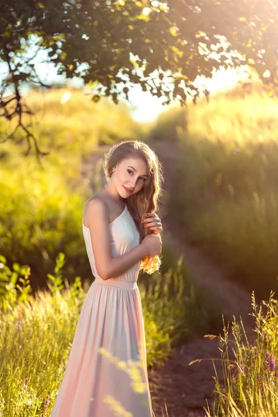 Retrato de uma menina bonita andando no prado — Fotografia de Stock