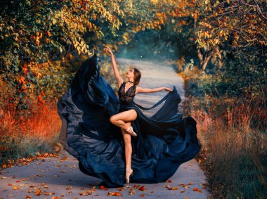 Parlak renklerde sanat eserleri. Güzel kız balerin yolda dans ediyor. Sonbahar doğa geçmişi. Moda modeli yaratıcı bir şekilde hareket ediyor. Uzun siyah bir elbise rüzgarda uçuyor. Fantezi kadın dansçı