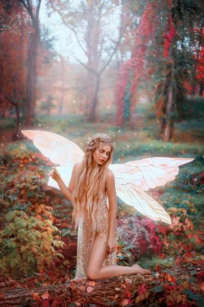 Peri suretinde genç ve güzel bir fantezi kadın. Altın parıldayan kelebek kanatlı orman perisi kız. Ormanda melek kılığında poz veren manken. Parlak renkli sonbahar yaprakları. — Stok fotoğraf