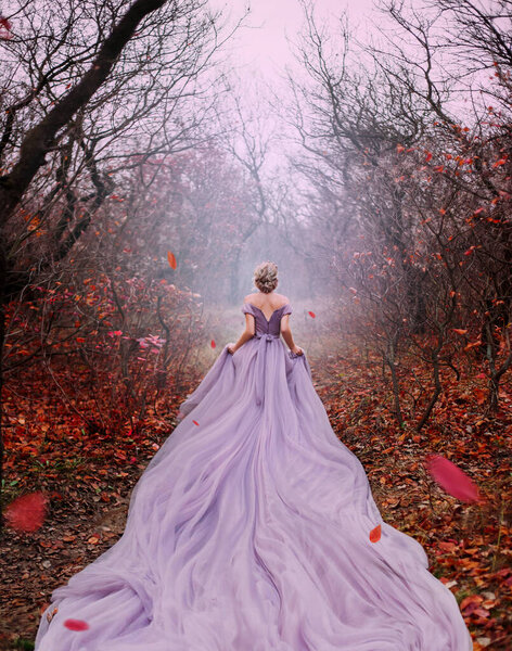 Art fantasy beautiful woman queen walk in autumn mystic forest, orange leaves bare trees. Magic light divine glowing in gothic fog. Girl lady princess. Medieval purple dress long train. back rear view