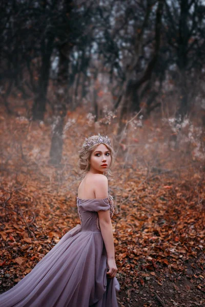 환상적 이고 아름다운 여인이 가을의 신비 한 숲 속을 걷고 있습니다. 녹색 낙엽은 검은 나무로 덮여 있다. 마법의 고딕 안개. 중세의 보라색긴 드레스를 입고 왕관을 쓴 낭만적 인 소녀 공주 — 스톡 사진
