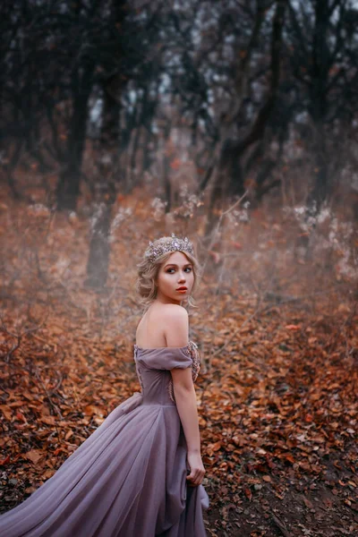 Arte brillante foto, fantasía hermosa mujer reina paseo en el bosque místico de otoño. Hojas naranjas cayendo desnudas de árboles negros. Niebla gótica mágica. Chica romántica princesa en vestido largo púrpura medieval, corona — Foto de Stock