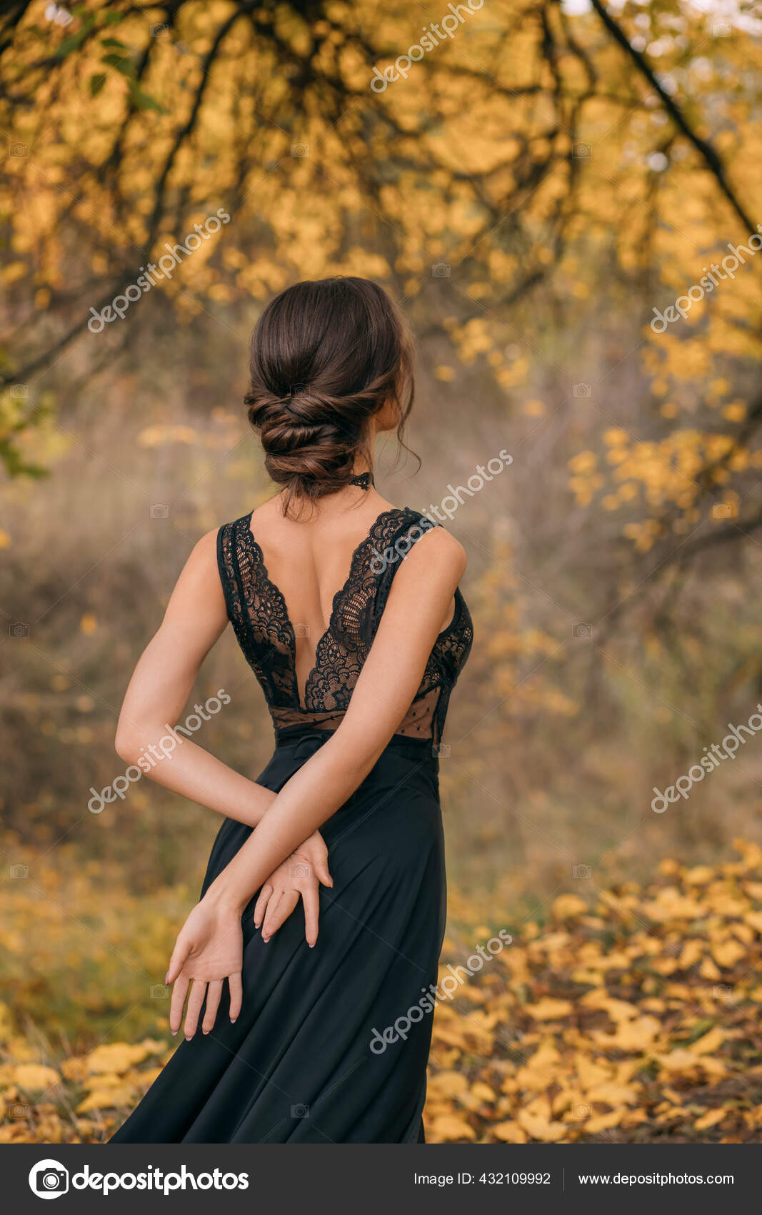 Fantasy woman lady in a black lace dress. bare open sexy back against background of an Fantasy woman lady in a black lace dress. bare open sexy back against background of an