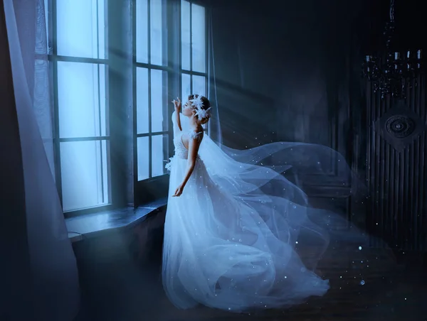 Fantasy gothic woman ghost bride stands by window in black dark room, magic moon light. Fairy snow queen in white dress, cape flying in wind, train skirt fluttering motion. Medieval vintage princess — Stockfoto