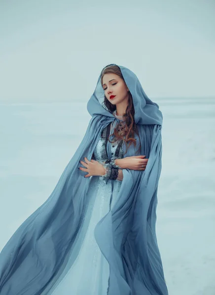 Art photo. Fantasy young woman fairy elf in blue cape with hood stands in cold wind. Winter nature background, white snow. Girl Queen walks in medieval dress, silk cloak, fabric is waving, fluttering — Stock Photo, Image
