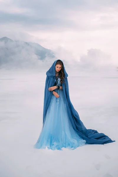 Foto de arte. Fantasia jovem fada elfo em capa azul com capuz fica em vento frio. Inverno natureza fundo, montanhas nas nuvens, céu dramático neve branca. Menina Rainha caminha em vestido, capa de seda — Fotografia de Stock