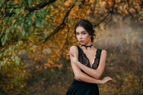 Portret pięknej wróżki w czarnej ciemnej sukience stojącej obok kolorowego jesiennego drzewa jasne pomarańczowe liście. Dzieło sztuki romantycznej eleganckiej średniowiecznej kobiety. Piękny model czułości patrzy w kamerę — Zdjęcie stockowe