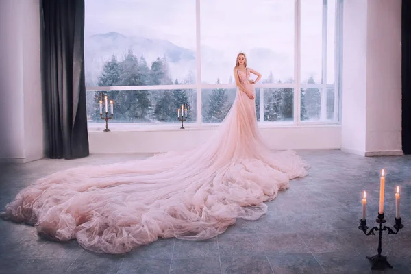 Фантастична дівчина принцеса в розкішному рожевому пухнастому пишному платті стоїть в кімнаті замку старовинним вікном з зимовою природою, лісовими горами. Жінка королева наречена у весільній сукні, довгий потяг, спідниця — стокове фото