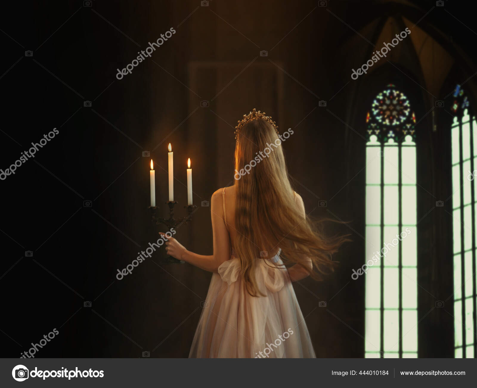 Mysterious art medieval girl princess walks in dark gothic room