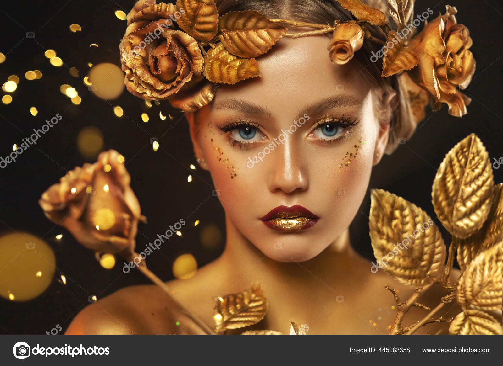 Olho De Mulher Bonita Com Maquiagem Dourada. Close-up. Imagem e