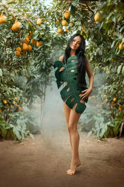 Young beautiful woman in mage of primitive woman Eve. sexy girl walks in Divine Garden of Eden, covering her naked body with large leaf of palm tree. Summer nature background green lemon trees sun fog — Stockfoto