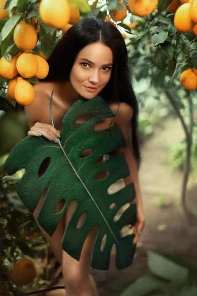 Portrait young beautiful woman in mage of primitive woman Eve. sexy girl walks in Divine Garden of Eden, covering naked body with large leaf of palm tree. Summer nature background green lemon trees — Fotografia de Stock