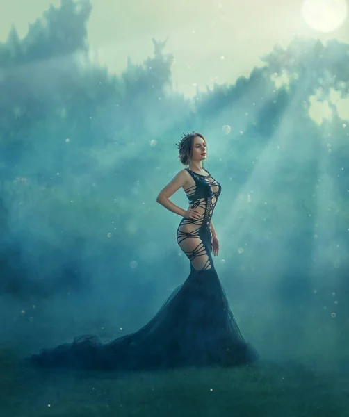 Fantezi kadın karanlık kraliçe kötü cadı gizemli sihirli sis içinde yürüyor. Siyah, sihirli, seksi, gotik, uzun elbiseli bir kız. Zarif saç stili gümüş diyadem kraliyet tacı. Ağaçlar mavi sis bulutu — Stok fotoğraf