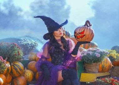 Sanat fotoğrafı gerçek insan mutlu güzel kadın turuncu balkabağı oymalı Jack O Lantern. Mutlu, mutlu, gülümseyen, gizemli kız, mor elbise. Cadılar Bayramı hasat balkabakları Şükran Günü