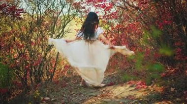 Fantezi mutlu kadın ormanda dans ediyor. Prenses kız güzel, gülen surat. Beyaz, uzun, eskimiş elbiseli, rüzgarda uçuşan siyah saçlı. Bayan dansçı. Sonbahar doğası kırmızı yapraklar.