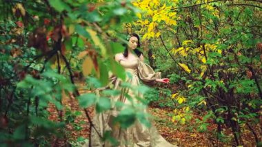 Kraliçe fantezi mutlu kadın mistik sonbahar ormanlarında yürüyor yeşil sarı turuncu yapraklar yolda düşüyor. Ortaçağ prensesi kız kraliyet klasiği uzun yeşil elbise eski tarz. Model pozu