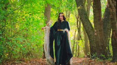 Fantezi tanrıçası beyaz kuş ahırında baykuşla birlikte ormanın derinliklerinde yürüyor. Yaz doğası yeşil ağaçlar güneş ışığı. Eski moda kürk pelerin. Baykuş evcil hayvanıyla seksi fantastik elf kızı.