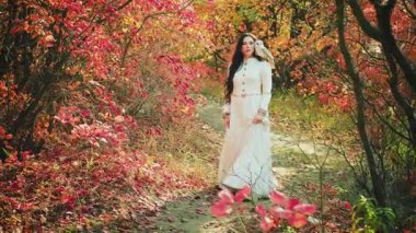 Klasik giysili zarif romantik kadın evcil beyaz ahır baykuşuyla yürüyor. Fantezi kızı elf prensesi uzun siyah saçlı. Peri Kraliçesi. Autumn Doğa Ormanı 'nda hayvan hayvanı. 4k