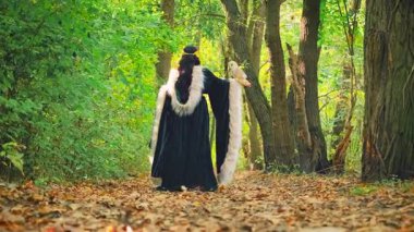 Fantezi tanrıçası beyaz kuş ahırında baykuşla birlikte ormanın derinliklerinde yürüyor. Cadı kız. Sonbahar doğası, yolda düşen yeşil ağaçlar. Eski moda kürk pelerin. Arkadan bakan gizemli bayan 4k