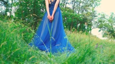 Yakın plan genç, güzel bir kadın. Arka taraf esmer, kızıl saçlı. Romantik, zarif, mavi çiçekli çörek ve akşam elbisesi giymiş seksi manken kız. Fantezi Prensesi Doğa Ormanı 'nın tadını çıkar