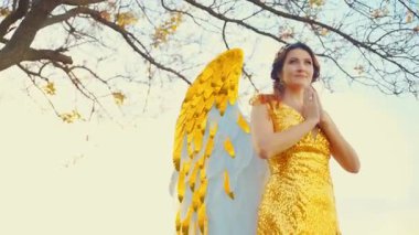 Yunan tanrıçası fantezi mutlu kadın dua ederken el ele tutuşuyor. Beyaz, altın kanatlı, melek kostümlü, metal, altın mücevherli taç takan. Seksi kız melek stili. Yaz doğası ilahi sihirli güneş gökyüzü ağaçları 4k