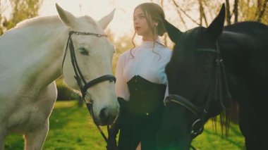 Atlı fantezi kraliçesi. Mutlu yetişkin kız güzel surat. İki atı tutan kadın siyah beyaz bir hayvan. Aşk evcil hayvanı. Yaz doğası güneş ışığı parlıyor. Eski tarz elbise, 4k video klibi.