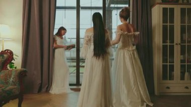 Sosyal parti kadınlarından oluşan bir grup arkadaş pencerenin yanında dedikodu yapıyorlar. Kız kitap okuyor. Klasik iç mimari kraliyet kalesi şatosu ortaçağ tarihi balo partisi. Uzun gece beyaz elbisesi