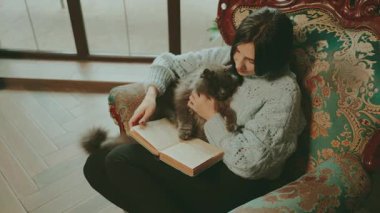 Elinde kağıt roman tutan genç bir kadın eski hikaye sanatı sarılması okuyor kürklü kediyi okşuyor. Yetişkin kız rahat bir oturma odasında klasik bir iç mekan pencerenin yanında oturuyor, güzel, gülen surat 4K.