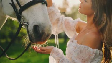 Seksi, mutlu, sarışın kadın yüzü. Manken sarışın kız, beyaz atını sevgiyle okşuyor. Peri Kraliçesi 'nin ağızlık evcil hayvanı. Orman günbatımı ağaçları sihirli güneş gökyüzünü aydınlatır 4k