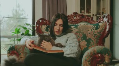 Genç bir kadın, elinde kedi evcil kedisiyle klasik sandalyede oturup kağıt roman okumaktan hoşlanıyor. Yetişkin güzel kız yüzü, klasik oda eski tarzında dinleniyor. Günlük kıyafet kış manzarası.