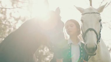 Çift atlı güzel yüzlü fantezi kadın. Genç Jokey kız ahırda iki atın dizginlerini tutuyor. Siyah beyaz bir hayvan. Aşk evcil hayvanı. Yaz doğası güneş ışığı parlıyor. sanat 4k