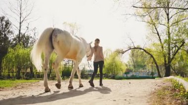 Güzel, mutlu bir kadın at dikiz aynasıyla yolda yürüyor. Gün ışığı yeşil çimen ağacı. Jokey kıyafetli yetişkin bir kız. Eski usul para, beyaz atı dizginler. Aşk özenli hayvan.