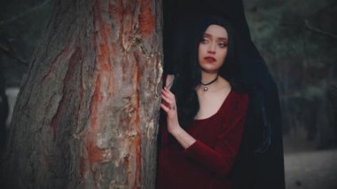 Ölüm meleğinin kollarında korku saçan Gotik kız, arkada duran canavar kâbusu kurbanları korkutur karanlık orman ağaçlarının sisli gecesinde. Fantezi Kadın kırmızı eski tarz elbise. Siyah saçlı seksi surat.