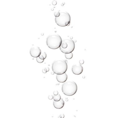 Beyaz arkaplanda kopyalama alanı olan parlak şeffaf kabarcıklar ya da serum. içki ve güzellik konsepti