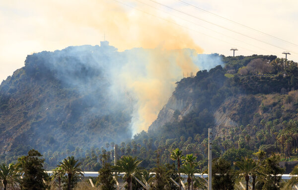 View of the Montjuic hill on fire