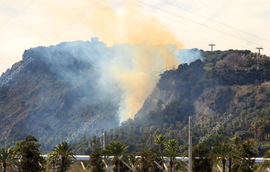 View of the Montjuic hill on fire