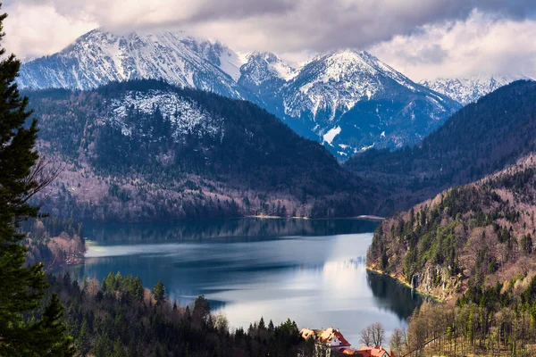 Alpes e lagos em um dia de verão na Alemanha. Tirado da colina ao lado do castelo de Neuschwanstein — Fotografia de Stock