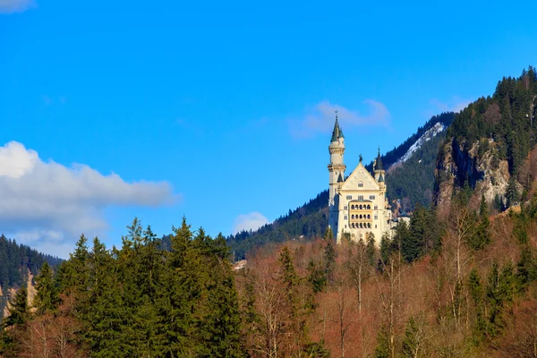 Gyönyörű kilátás nyílik a világhírű Neuschwanstein kastélyra, a 19. századi román kori újjászületési palotára, amely II. Lajos király számára épült, festői hegyvidéki tájjal Fussen közelében, Bajorország délnyugati részén, Németországban — Stock Fotó