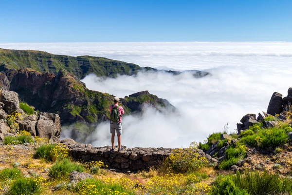 Giovane maschio con uno zaino in piedi su una montagna — Foto Stock