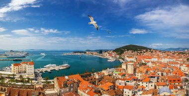 Hırvatistan 'ın Dalmaçya kentinde liman ve Marjan tepesi hava manzarası ikiye bölündü. Eski ortaçağ şehri Split, Hırvatistan ve Avrupa 'nın panoramik yaz şehirleri. Seyahat konsepti geçmişi. Martı üzerinde uçuyor Ayrıl.