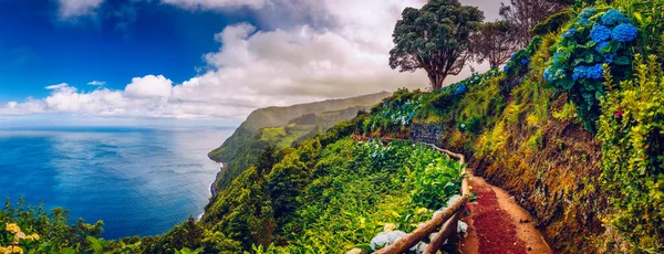 Krajobraz Szlakiem Miradouro Ponta Sossego Kierunku Ponta Madrugada Słoneczny Dzień — Zdjęcie stockowe