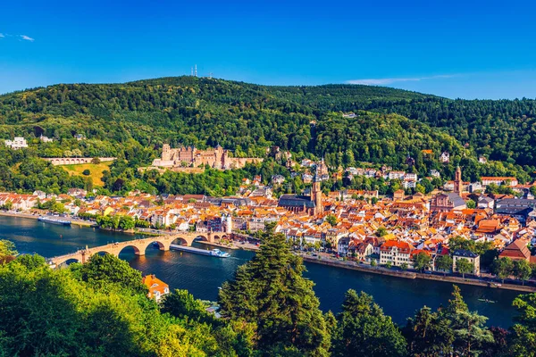 Heidelberg Panoramiczny Widok Góry Heidelberg Panorama Starego Miasta Rzeki Mostu — Zdjęcie stockowe