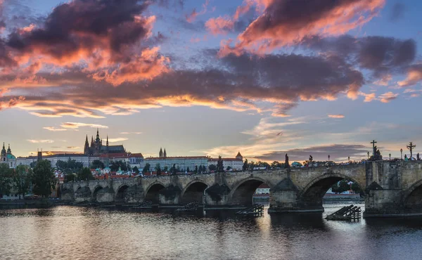 View Prague Castle Charles Bridge Sunset Czechia — Stock Photo, Image