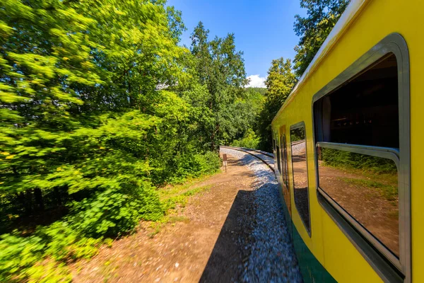 Zugfahrt Blick Aus Dem Fenster Alter Zug Fährt Grüner Vegetation — Stockfoto