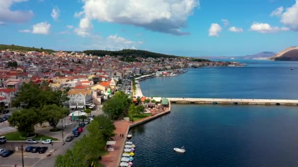 Flygdrönare Video Argostoli Argostolion Känd Stad Och Huvudstad Kefalonia Kefalonia — Stockvideo