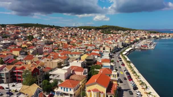 Luchtfoto Van Argostoli Argostolion Beroemde Stad Hoofdstad Van Het Eiland — Stockvideo