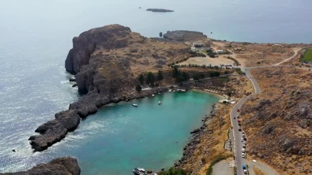 Légi Felvétel Paul Öbölben Lindos Rhodes Island Görögország Panorámakép Szent — Stock videók